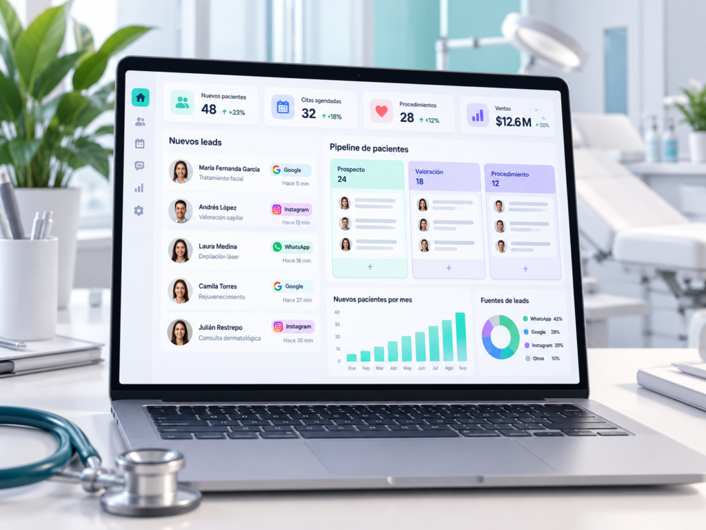 CRM para clínicas médicas con pacientes por fuente y embudo de procedimientos